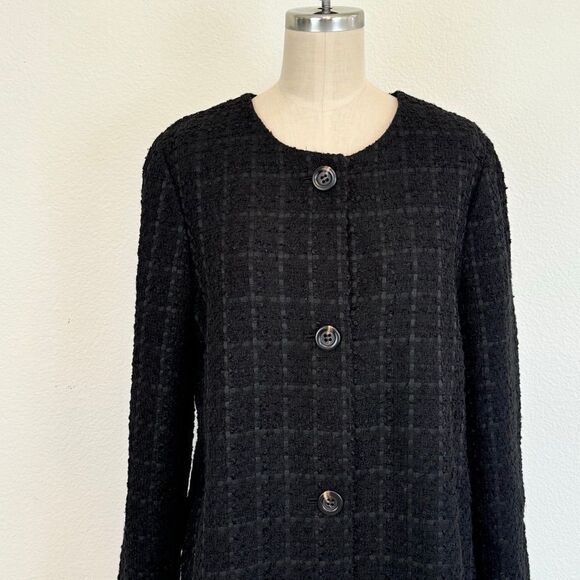 Ann Taylor Coat Black Boucle Peplum Coat Jacket Size M Windowpane Pockets - Picture 2 of 10